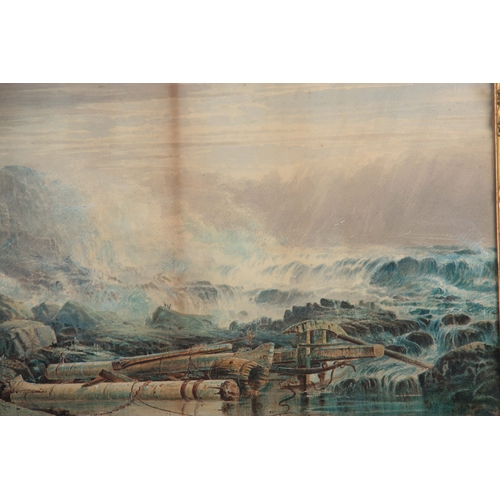 851 - RICHARD HARRY CARTER - WATERCOLOUR. Stormy rocky coastal scene with ruins to the foreground 33cm hig... 