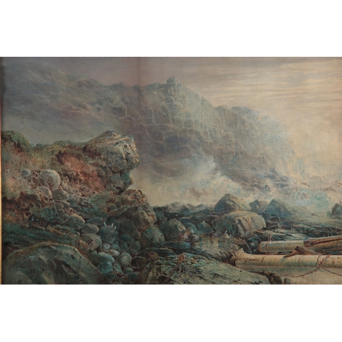 851 - RICHARD HARRY CARTER - WATERCOLOUR. Stormy rocky coastal scene with ruins to the foreground 33cm hig... 