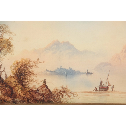 853 - EDWIN EARP - A PAIR OF 19TH CENTURY WATERCOLOURS Lake and landscape scenes with boats and figures ea... 