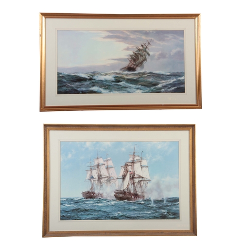 860 - MONTAGUE DAWSON. Two large coloured MARINE  PRINTS depicting galleons in full sail  50cms by 75cms a... 