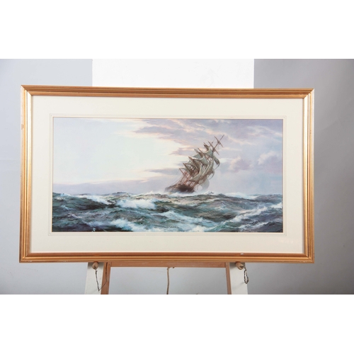 860 - MONTAGUE DAWSON. Two large coloured MARINE  PRINTS depicting galleons in full sail  50cms by 75cms a... 