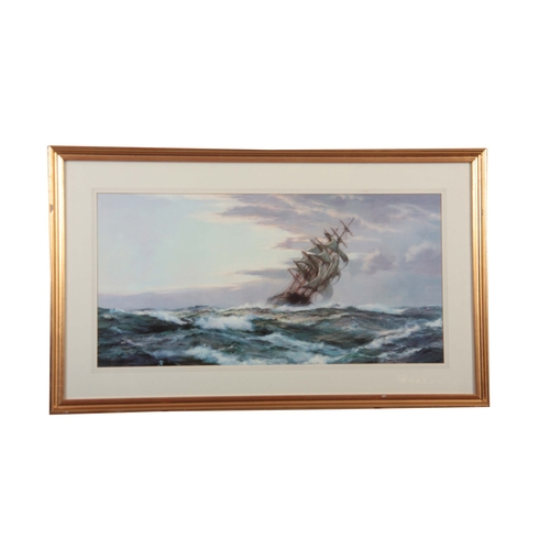 860 - MONTAGUE DAWSON. Two large coloured MARINE  PRINTS depicting galleons in full sail  50cms by 75cms a... 