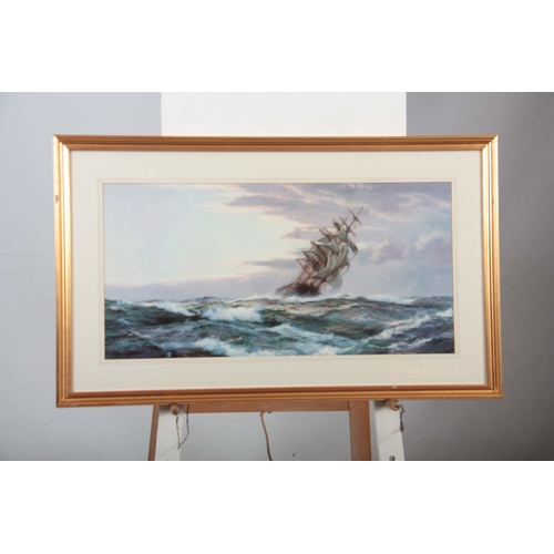 860 - MONTAGUE DAWSON. Two large coloured MARINE  PRINTS depicting galleons in full sail  50cms by 75cms a... 