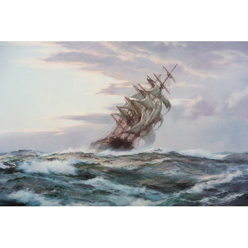 860 - MONTAGUE DAWSON. Two large coloured MARINE  PRINTS depicting galleons in full sail  50cms by 75cms a... 