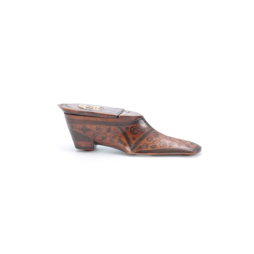 865 - AN 18TH CENTURY WALNUT TABLE SNUFF BOX IN THE FORM OF A SHOE decorated in pique work and the lid set... 