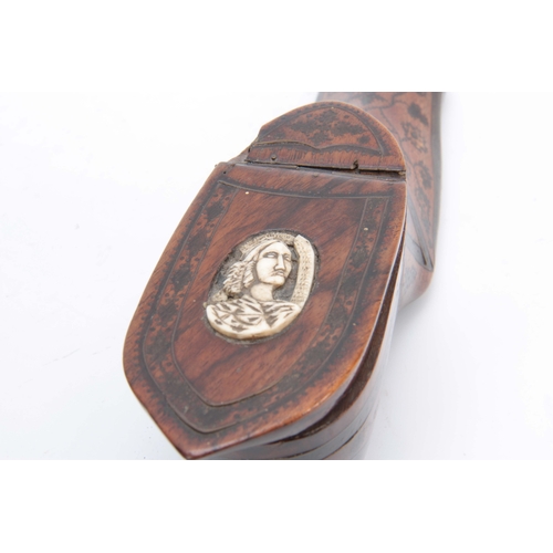 865 - AN 18TH CENTURY WALNUT TABLE SNUFF BOX IN THE FORM OF A SHOE decorated in pique work and the lid set... 