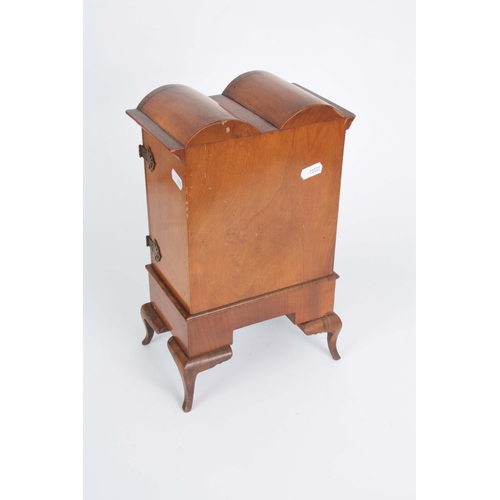 885 - A QUEEN ANNE STYLE EARLY 20th CENTURY MINIATURE WALNUT APPRENTICE PIECE modelled as a double dome ch... 