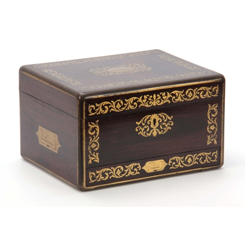 888 - A 19th CENTURY ROSEWOOD AND BRASS INLAID JEWELLERY BOX SIGNED HALSTAFF & HANNAFORD having brass ... 