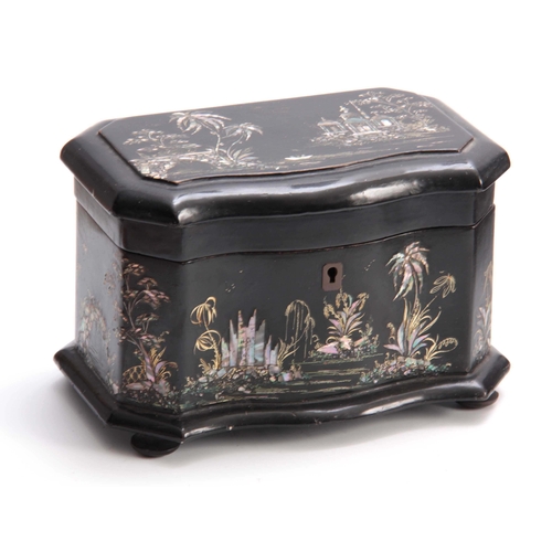 891 - A 19TH CENTURY EBONISED SERPENTINE SHAPED TEA CADDY DECORATED WITH MOTHER OF PEARL ORIENTAL SCENES t... 