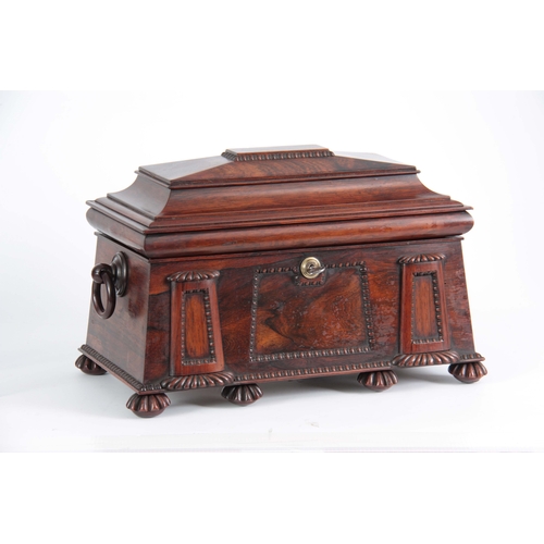 893 - A FINE REGENCY ROSEWOOD EGYPTIAN REVIVAL TEA CADDY of sarcophagus form with gadrooned mouldings and ... 