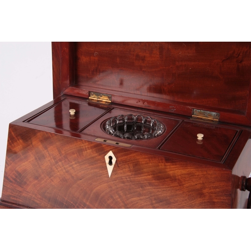 895 - A MID 19th CENTURY FIGURED MAHOGANY SARCOPHAGUS SHAPED TEA CADDY with hoop side handles and hinged l... 