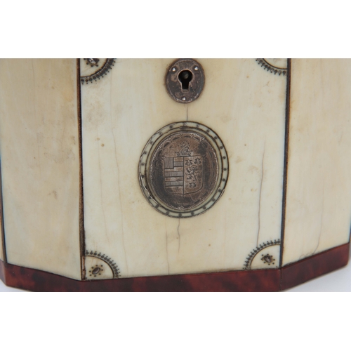 897 - AN EARLY 19TH CENTURY INLAID SILVER IVORY AND TORTOISESHELL DECTAGNAL SHAPED TENT TOP TEA CADDY with... 