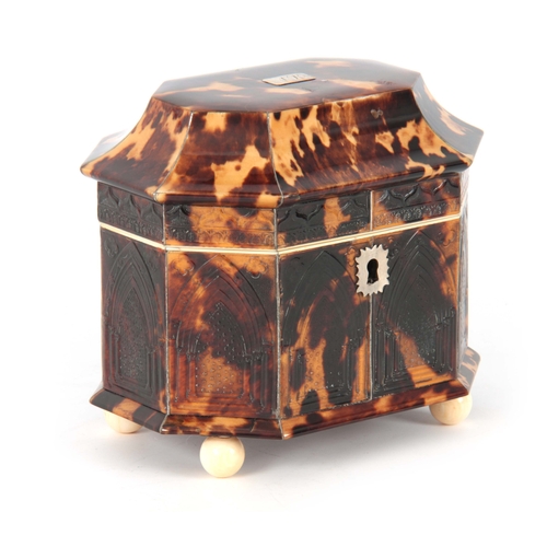 898 - A RARE EARLY 19TH CENTURY TORTOISESHELL AND SILVER LINED PRESSED PAGODA TOPPED TEA CADDY with Gothic... 