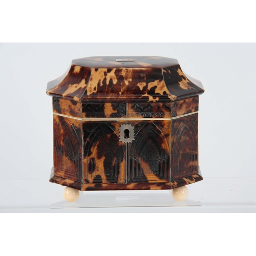 898 - A RARE EARLY 19TH CENTURY TORTOISESHELL AND SILVER LINED PRESSED PAGODA TOPPED TEA CADDY with Gothic... 