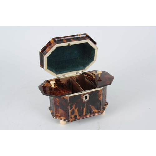 898 - A RARE EARLY 19TH CENTURY TORTOISESHELL AND SILVER LINED PRESSED PAGODA TOPPED TEA CADDY with Gothic... 