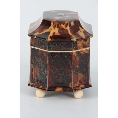 898 - A RARE EARLY 19TH CENTURY TORTOISESHELL AND SILVER LINED PRESSED PAGODA TOPPED TEA CADDY with Gothic... 