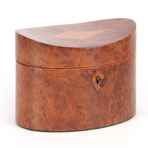 900 - A 20TH CENTURY OVAL INVERTED TOP BURR YEWOOD TEA CADDY having satinwood diamond-shaped inlay on the ... 