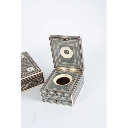 905 - A LATE 19TH CENTURY ANGLO INDIAN MICRO MOSAIC, IVORY, EBONY AND PEWTER WATCH HOLDER with folding bra... 