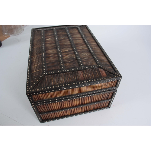 906 - A 19TH CENTURY ANGLO-INDIAN PORCUPINE QUILS BOX with panelled chamfered top having ebony and bone in... 