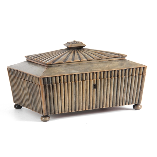 907 - A REGENCY ANGLO-INDIAN VIZAGAPATAN HORN WORKBOX having reeded veneer work, the hinged lid opening to... 