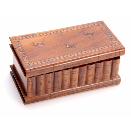 909 - A 19TH CENTURY SOUVENIR OLIVE WOOD JEWELLERY BOX formed as a volume of books with secret base drawer... 