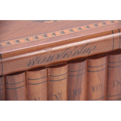 909 - A 19TH CENTURY SOUVENIR OLIVE WOOD JEWELLERY BOX formed as a volume of books with secret base drawer... 