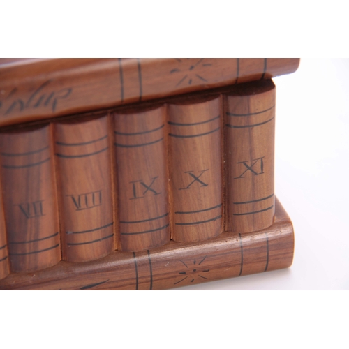 909 - A 19TH CENTURY SOUVENIR OLIVE WOOD JEWELLERY BOX formed as a volume of books with secret base drawer... 