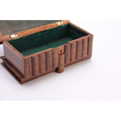 909 - A 19TH CENTURY SOUVENIR OLIVE WOOD JEWELLERY BOX formed as a volume of books with secret base drawer... 