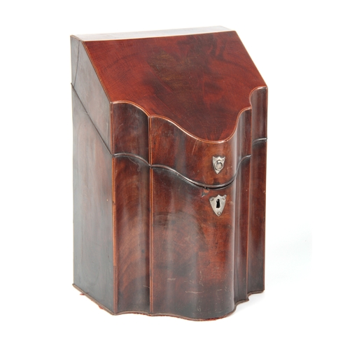 910 - A GEORGIAN FLAMED MAHOGANY KNIFE BOX with boxwood stringing and serpentine fronted with silver escut... 