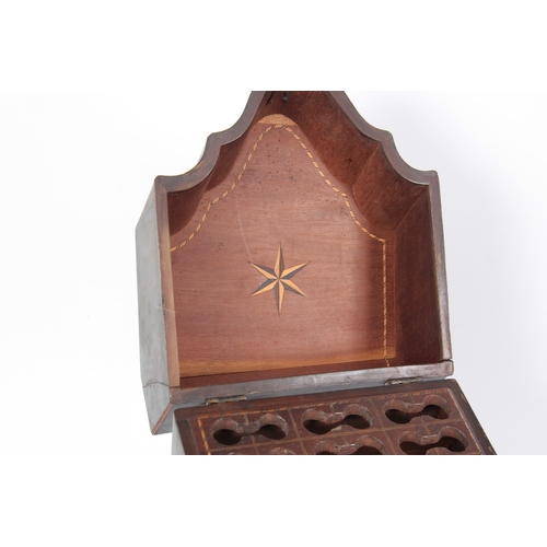 910 - A GEORGIAN FLAMED MAHOGANY KNIFE BOX with boxwood stringing and serpentine fronted with silver escut... 