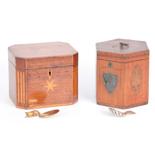 911 - A GEORGE III MAHOGANY HEXAGONAL SHAPED INLAID TEA CADDY with silver escutcheon shield and handle, in... 