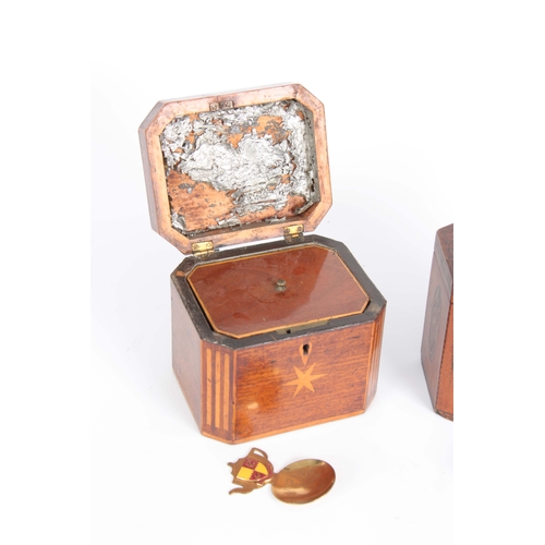 911 - A GEORGE III MAHOGANY HEXAGONAL SHAPED INLAID TEA CADDY with silver escutcheon shield and handle, in... 