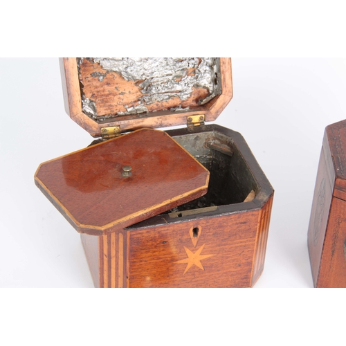 911 - A GEORGE III MAHOGANY HEXAGONAL SHAPED INLAID TEA CADDY with silver escutcheon shield and handle, in... 