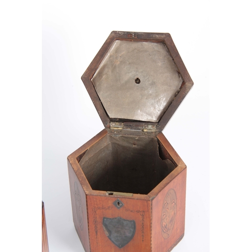 911 - A GEORGE III MAHOGANY HEXAGONAL SHAPED INLAID TEA CADDY with silver escutcheon shield and handle, in... 