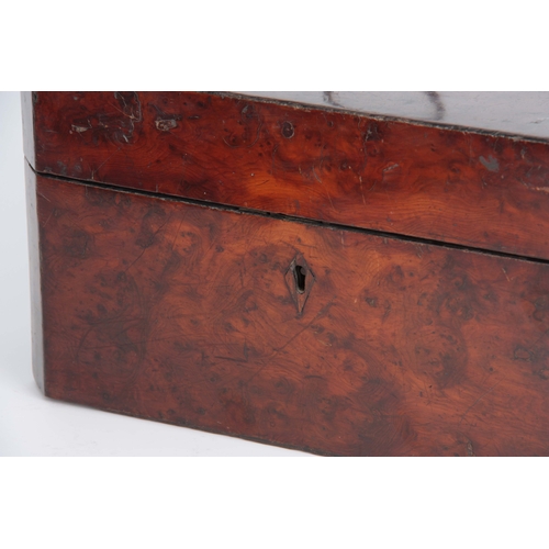 913 - A GEORGE III YEW WOOD VENEERED TEA CADDY of rectangular form with clipped corners and hinged brass h... 