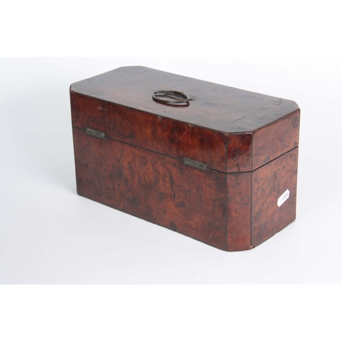 913 - A GEORGE III YEW WOOD VENEERED TEA CADDY of rectangular form with clipped corners and hinged brass h... 