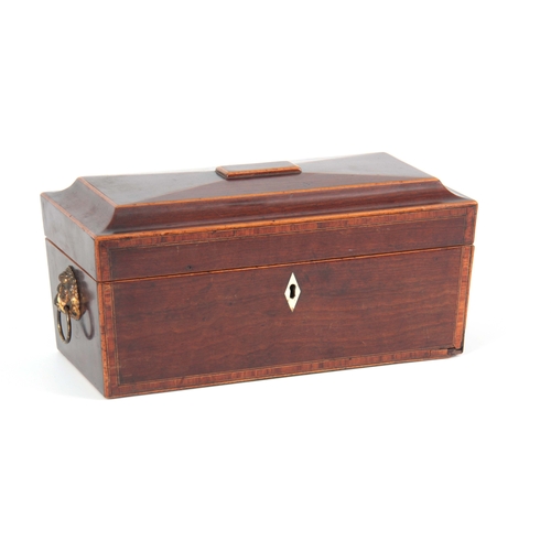 914 - A GEORGIAN MAHOGANY SARCOPHAGUS SHAPED TEA CADDY with kingwood crossbanding and boxwood stringing ha... 