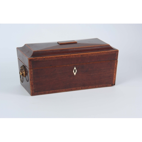 914 - A GEORGIAN MAHOGANY SARCOPHAGUS SHAPED TEA CADDY with kingwood crossbanding and boxwood stringing ha... 