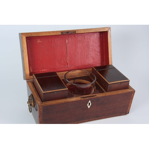 914 - A GEORGIAN MAHOGANY SARCOPHAGUS SHAPED TEA CADDY with kingwood crossbanding and boxwood stringing ha... 