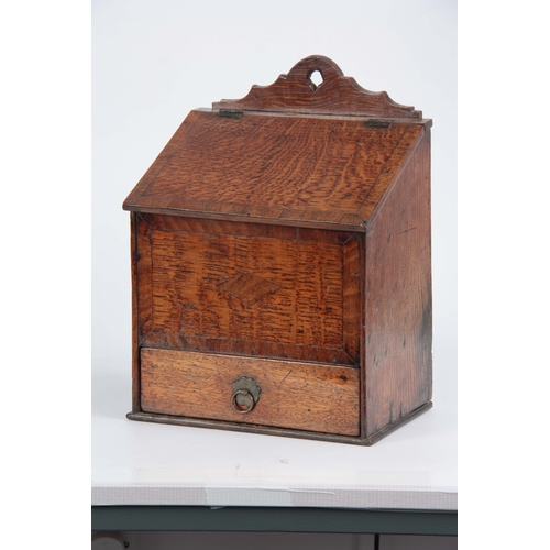 918 - AN 18TH CENTURY WALNUT CROSS-BANDED OAK CANDLE BOX with angled hinged lid above a frieze drawer fitt... 