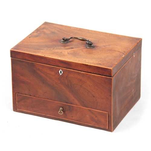 919 - A GEORGE III FLAMED MAHOGANY BOX-WOOD STRUNG DEED BOX with swan-neck carrying handle and hinged lid ... 