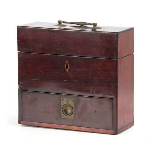 923 - A GEORGE III MAHOGANY APOTHECARY BOX with hinged lid and front opening drawer.  Brass swan-necked ha... 