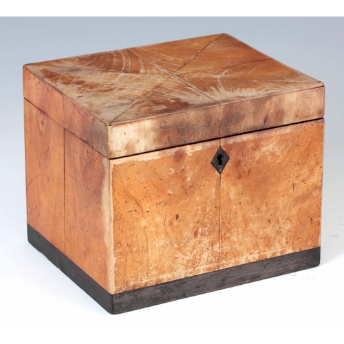 925 - A GEORGE III RECTANGULAR PEARWOOD AND EBONY VENEERED TEA CADDY having segmented hinged top revealing... 