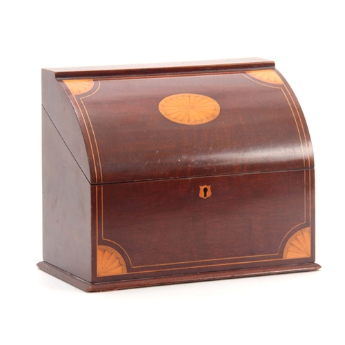 926 - AN EDWARDIAN DOME FRONTED INLAID MAHOGANY STATIONARY BOX with fan inlaid corners and centre plaque, ... 