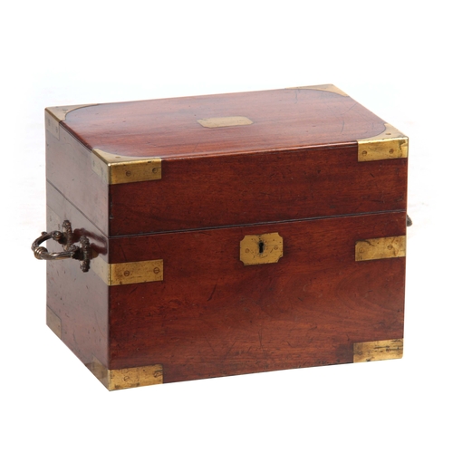 927 - AN 18TH CENTURY MAHOGANY BRASS BOUND BOX with Rococo shaped carrying handles and hinged lid 43cm 28c... 