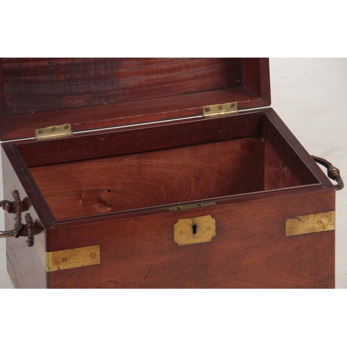 927 - AN 18TH CENTURY MAHOGANY BRASS BOUND BOX with Rococo shaped carrying handles and hinged lid 43cm 28c... 