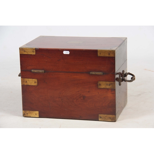 927 - AN 18TH CENTURY MAHOGANY BRASS BOUND BOX with Rococo shaped carrying handles and hinged lid 43cm 28c... 