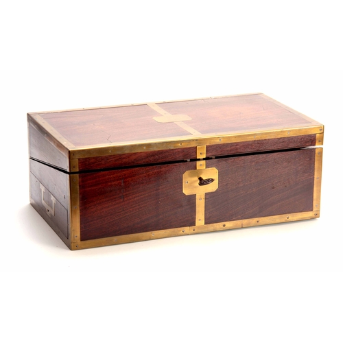 929 - A FINE LATE GEORGIAN BRASS BOUND MAHOGANY GENTLEMAN'S CAMPAIGN WRITING SLOPE WITH FITTED DRESSING DR... 