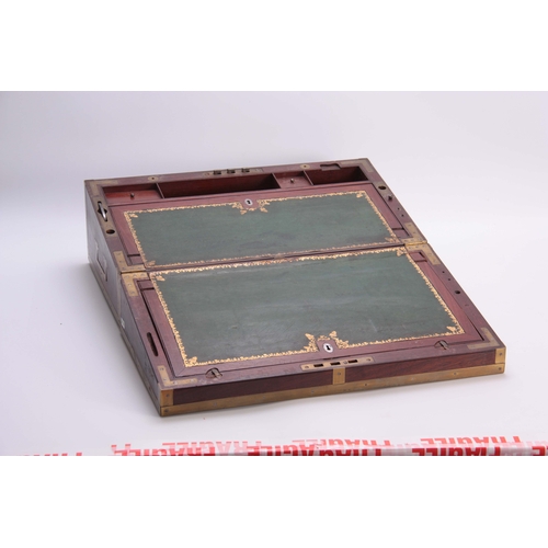 929 - A FINE LATE GEORGIAN BRASS BOUND MAHOGANY GENTLEMAN'S CAMPAIGN WRITING SLOPE WITH FITTED DRESSING DR... 