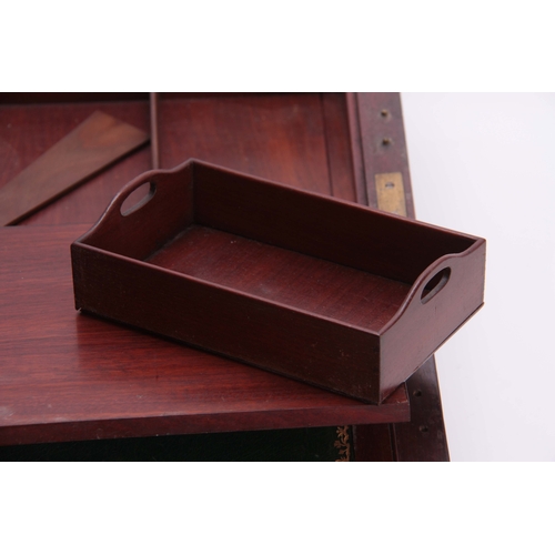 929 - A FINE LATE GEORGIAN BRASS BOUND MAHOGANY GENTLEMAN'S CAMPAIGN WRITING SLOPE WITH FITTED DRESSING DR... 